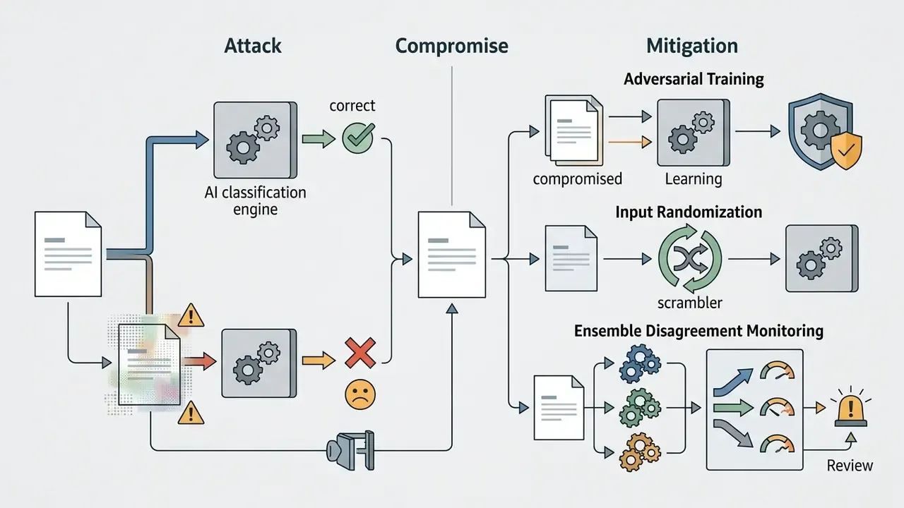 Process flow showing how adversarial noise causes classification errors and subsequent mitigation steps