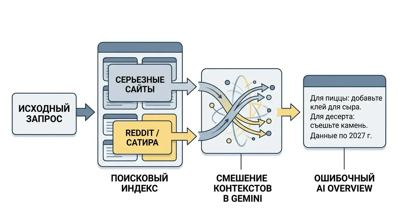 Последовательность обработки запроса от поиска по разным источникам до формирования неверного ответа в Gemini