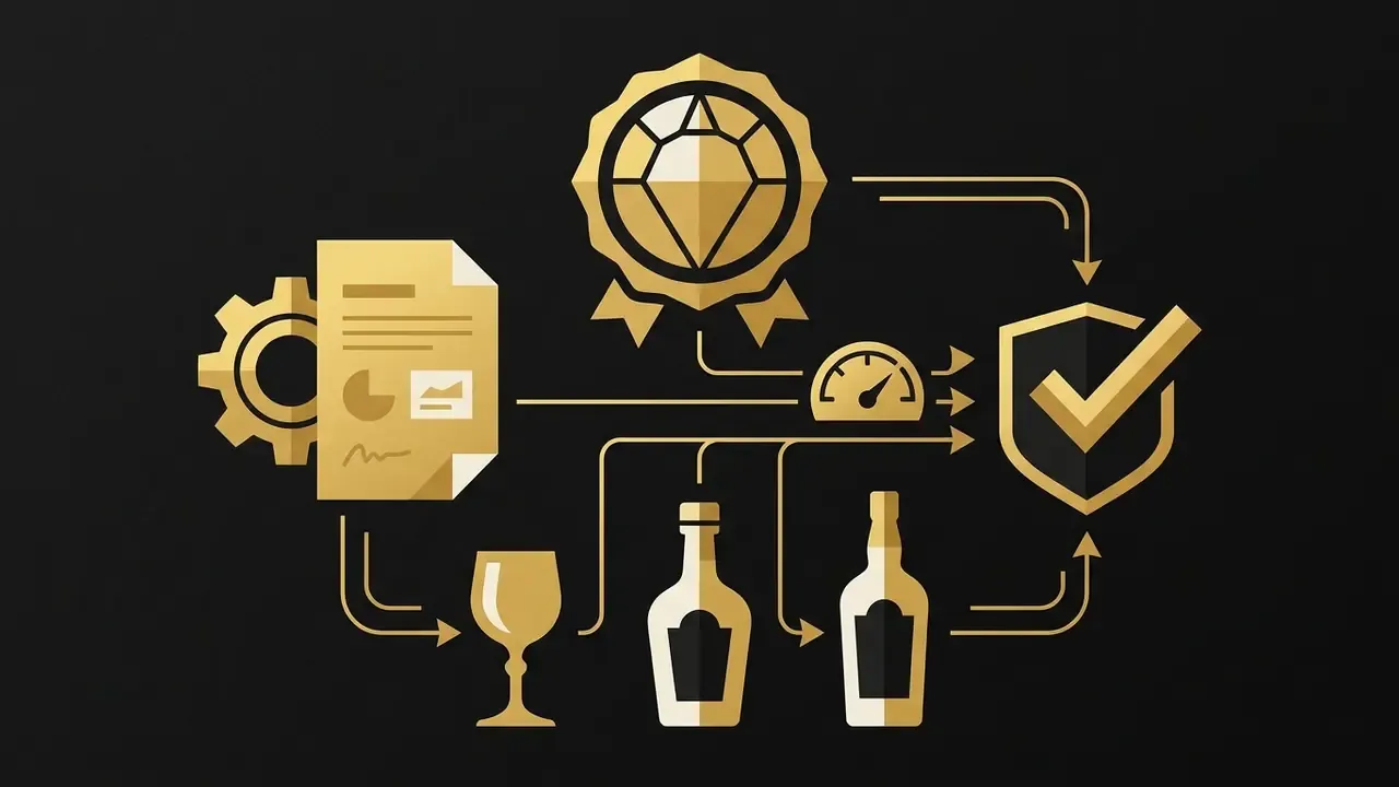 Gold icons of a document, diamond badge, speedometer, wine glass, bottles, and a shield with a checkmark