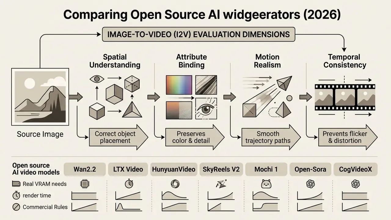Process flow diagram showing evaluation dimensions for an open source AI video generator