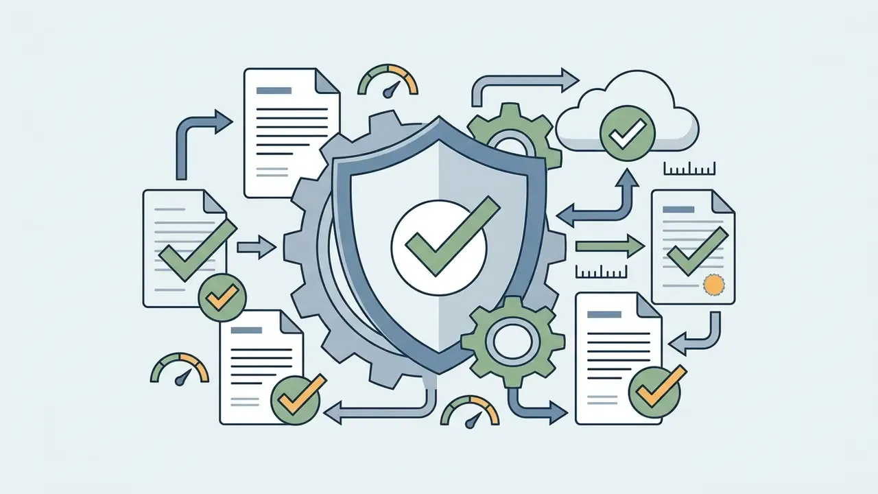 Central shield and gear icon surrounded by documents with checkmarks and cloud data processing symbols