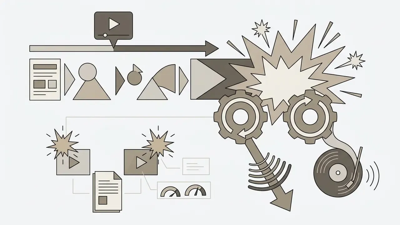 Abstract shapes and gears processing audio elements like record scratches into a dramatic visual explosion