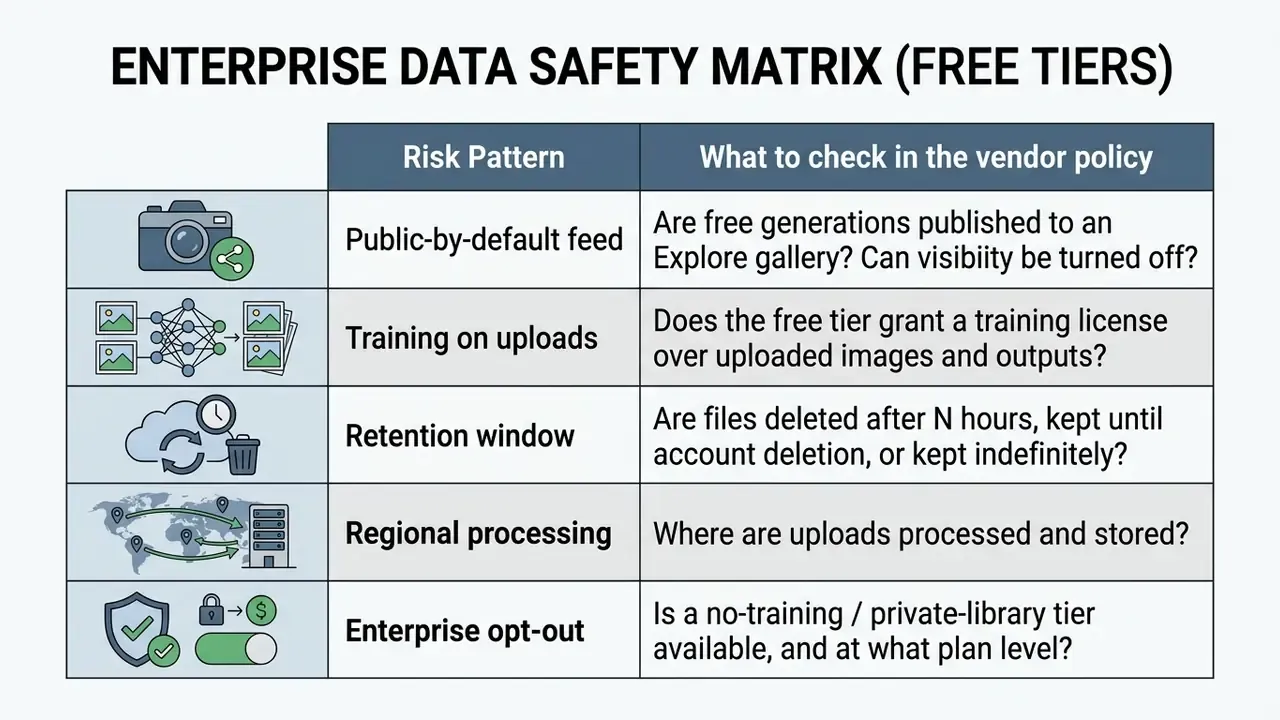 Matrix table outlining data safety risk patterns and vendor policy checks for free AI tool tiers