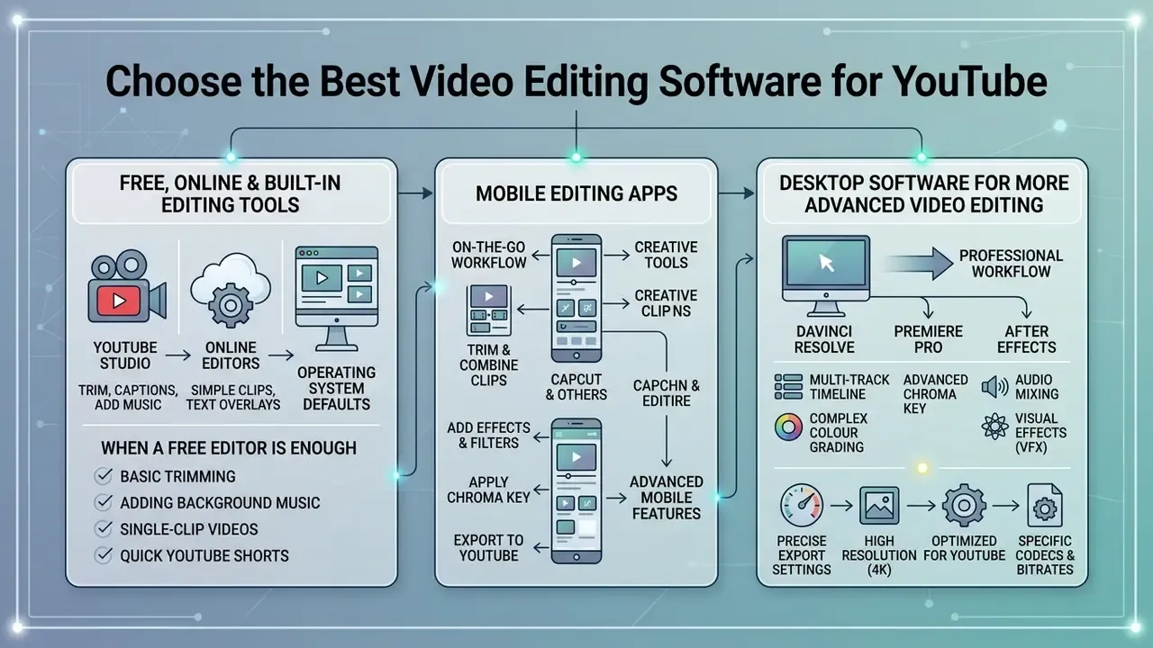 Comparison chart categorizing video editing tools into free online apps, mobile apps, and desktop software