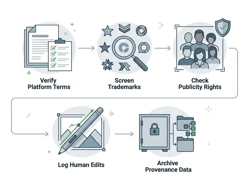 Five sequential steps for legal compliance when using AI image generation from text descriptions