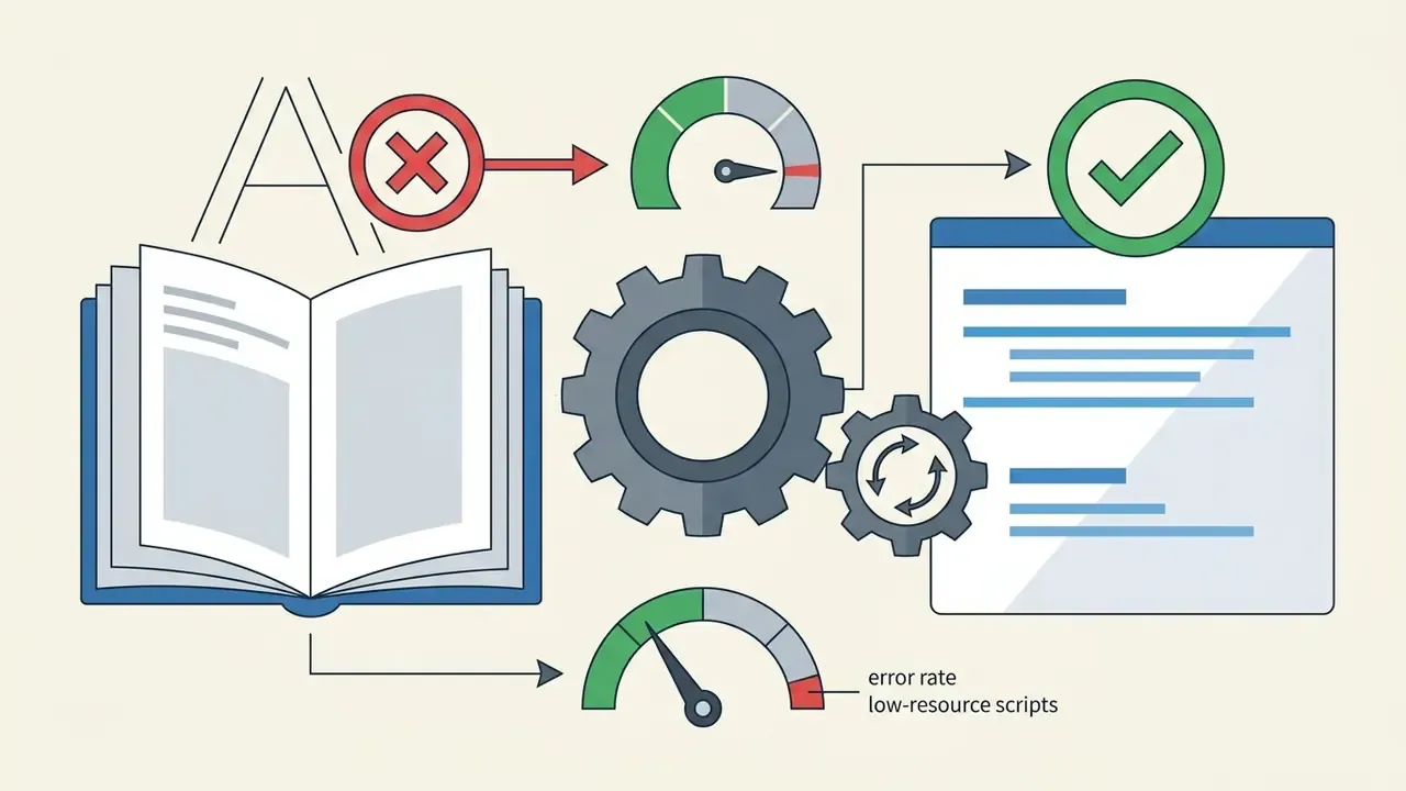 Book text flowing through gears and gauges to a final document with a green checkmark