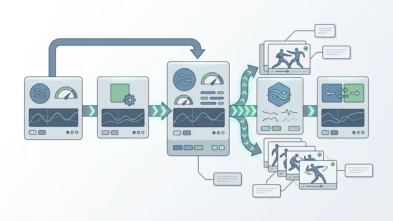 Control panels processing combat motion data into animated sequences with feedback loops