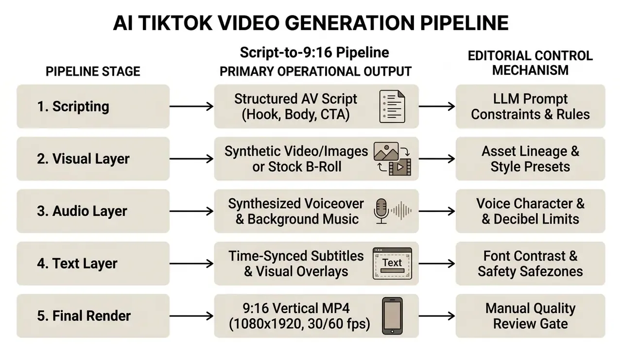 Diagram detailing the five stages of an AI TikTok video generator pipeline and their control mechanisms