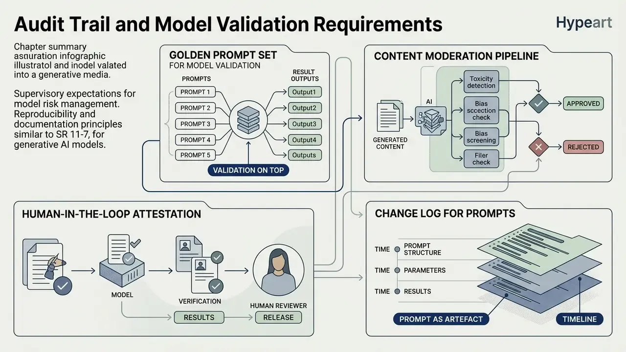 Four-part workflow showing prompt validation, content moderation, human review, and change logs for AI models