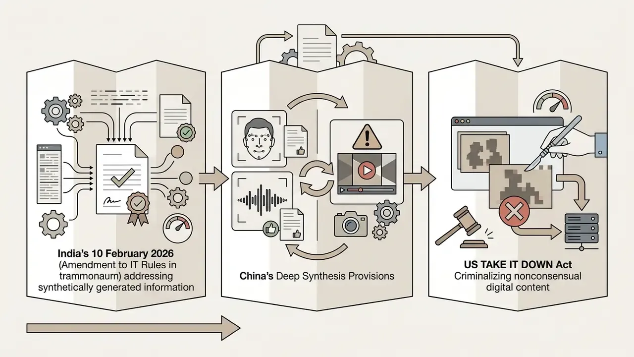 Three connected panels showing regulatory workflows for synthetic media in India, China, and the United States