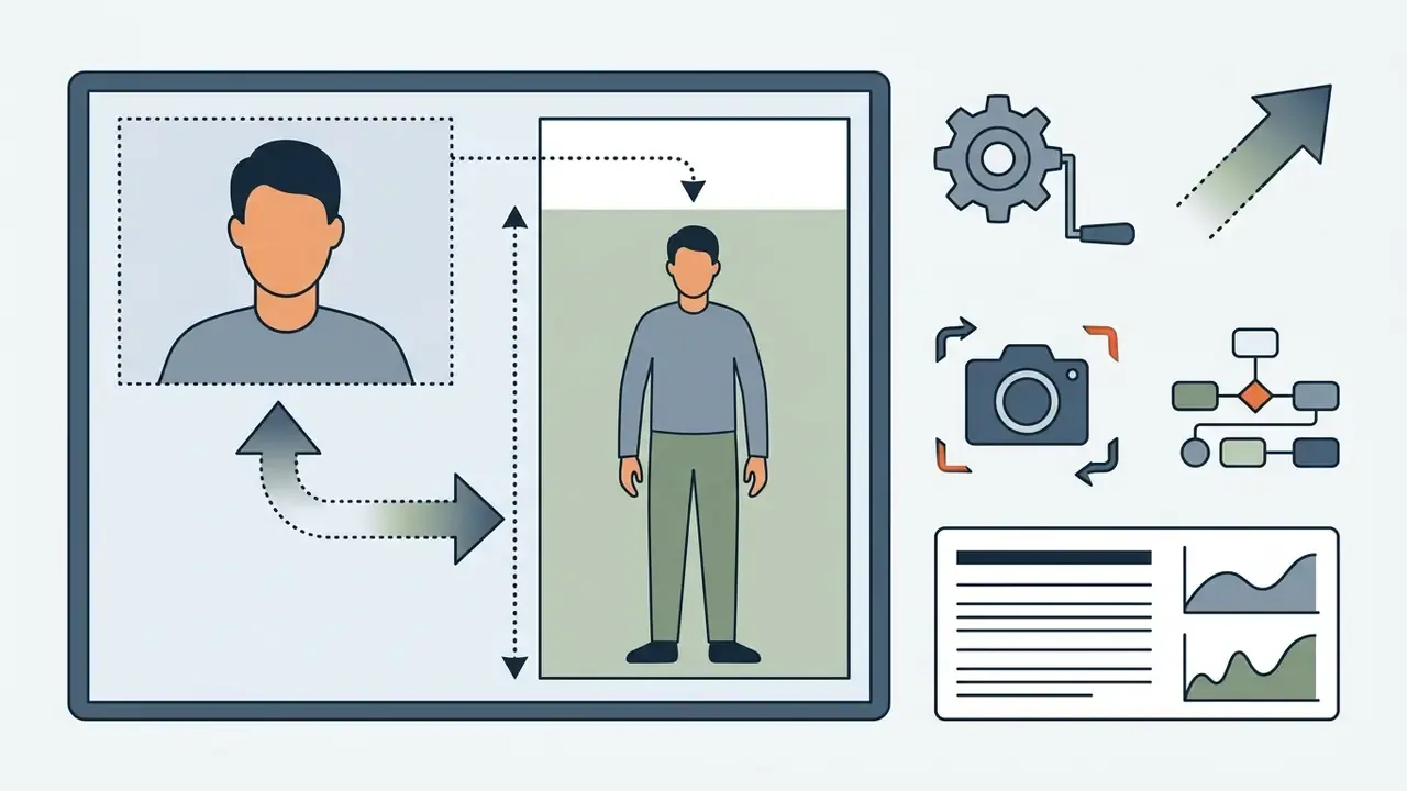 Portrait transitioning to a full-body shot with camera framing icons and data charts