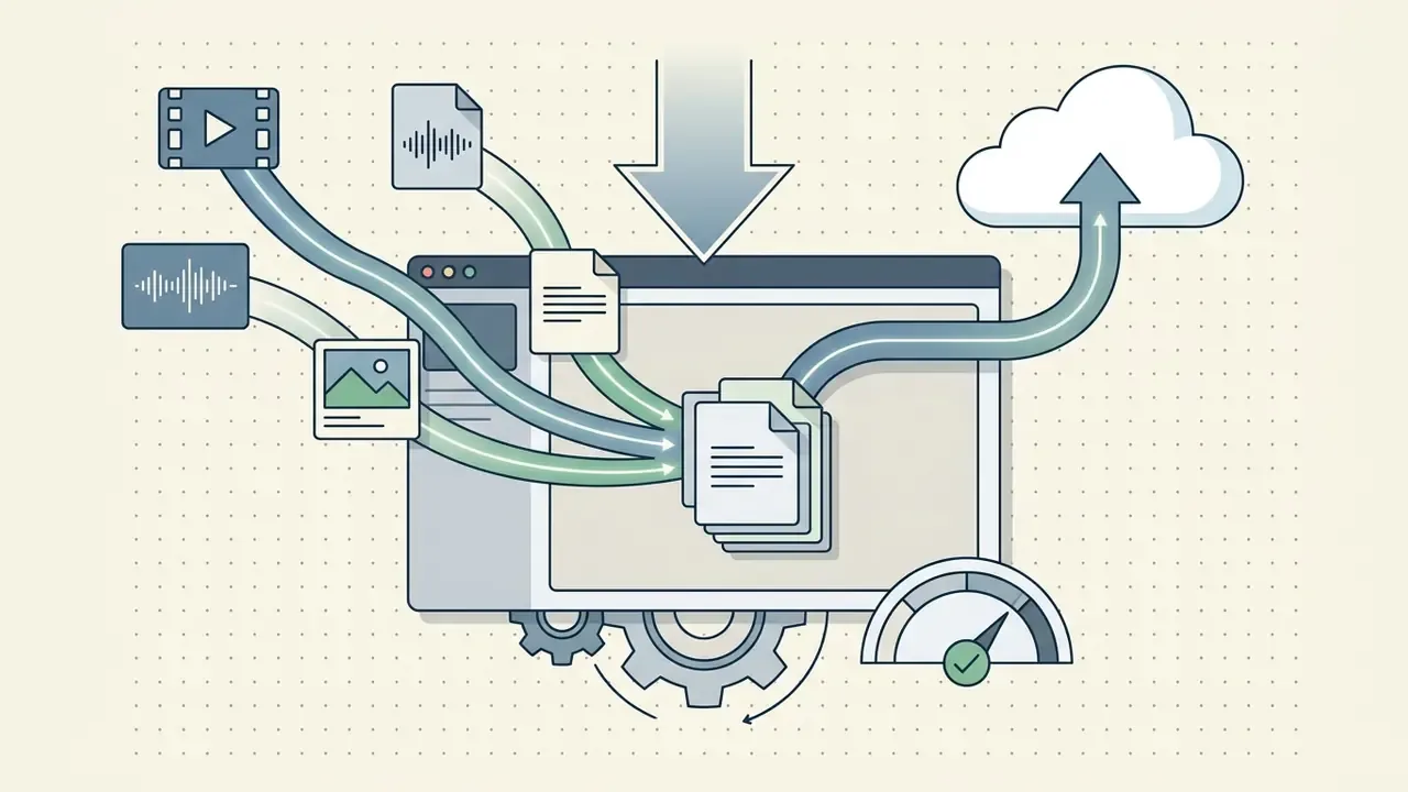 Media files flowing into a software interface and being uploaded to a cloud storage location
