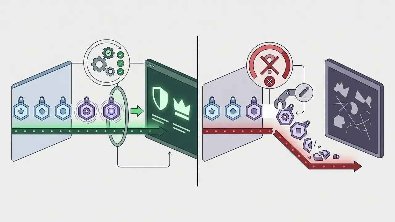 Split screen showing intact emoji tokens flowing into a profile versus broken tokens being discarded