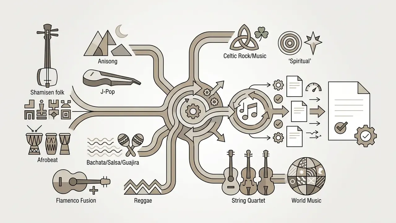 Flowing paths connecting diverse musical genre icons into a central processing hub for an ai song maker