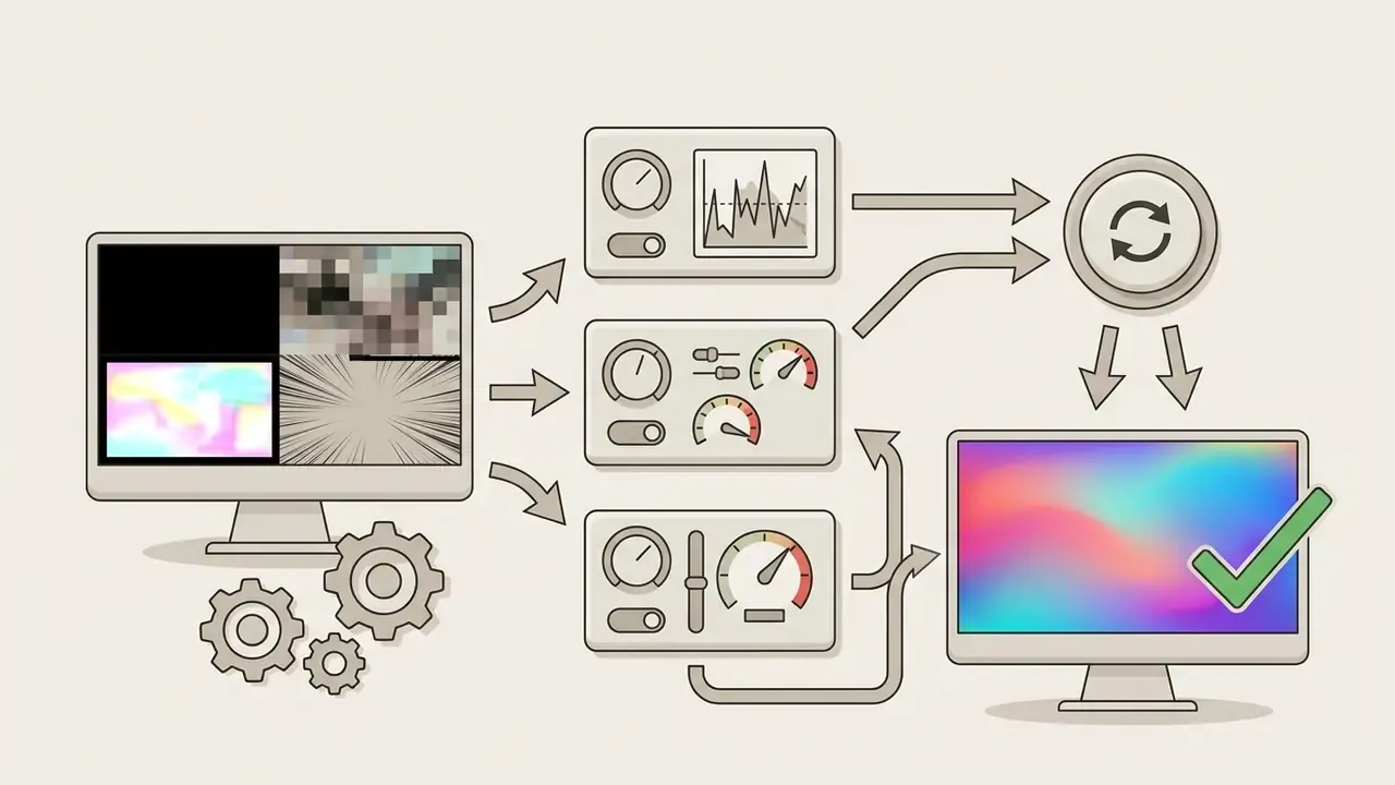 Monitor showing display issues connected to control panels resetting to a corrected colorful screen