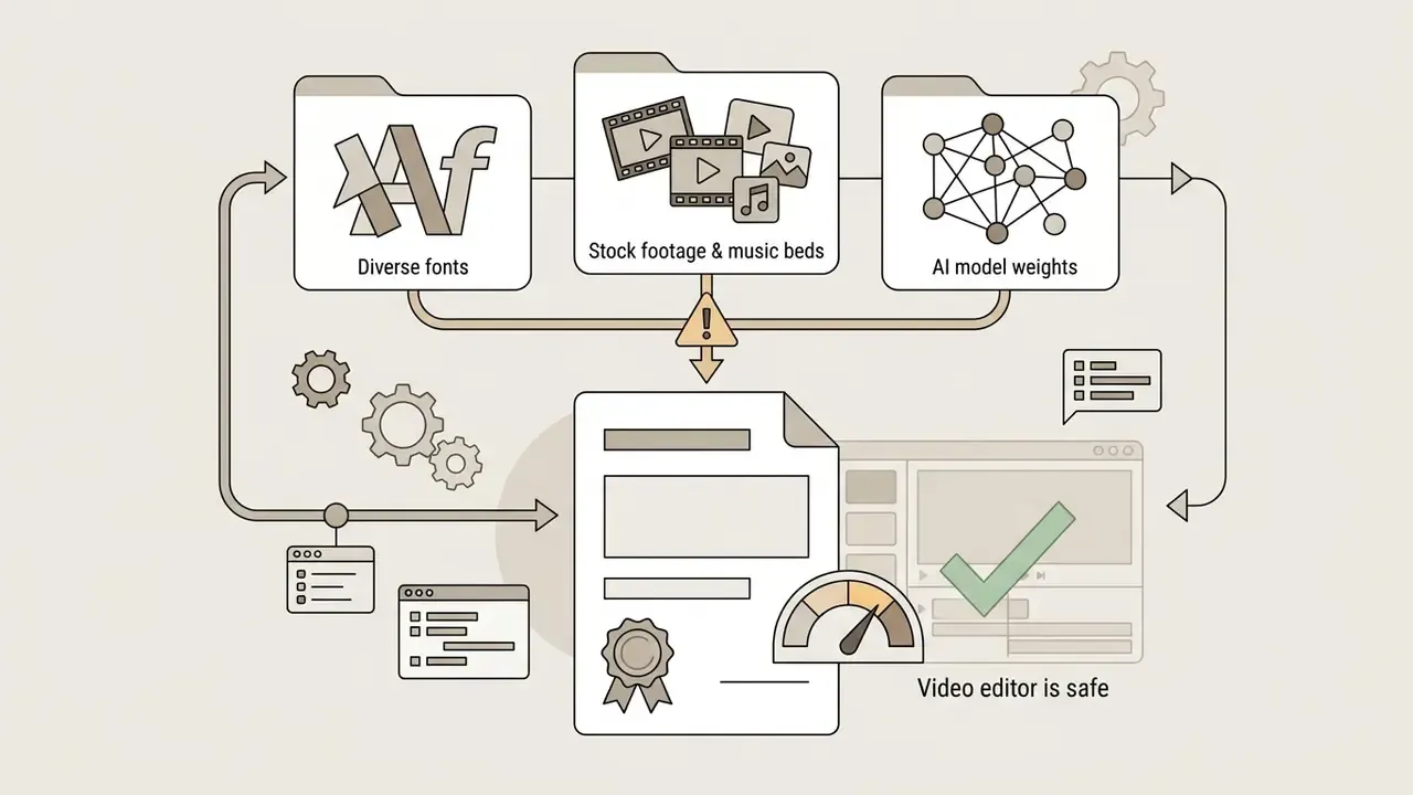 Folders containing fonts, stock media, and AI weights flowing into a legal document and video workspace