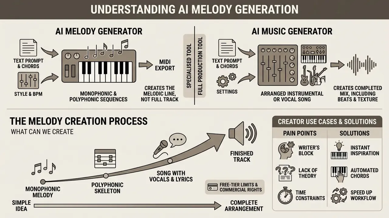 Infographic comparing AI melody generators to full music production tools and their creation processes