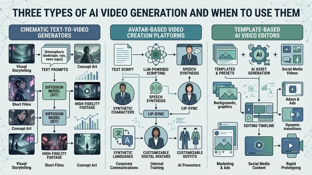 Comparison infographic detailing cinematic generators, avatar platforms, and template-based AI video editors