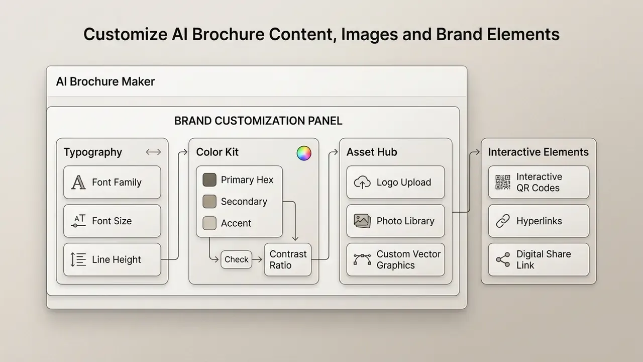 Control panel interface displaying settings for typography, color palettes, asset uploads, and interactive links