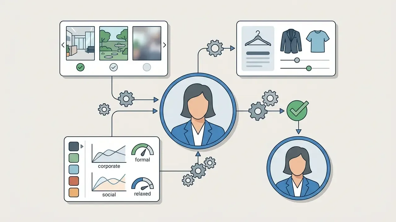 Diagram showing background, attire, and style settings feeding into a central portrait processing hub