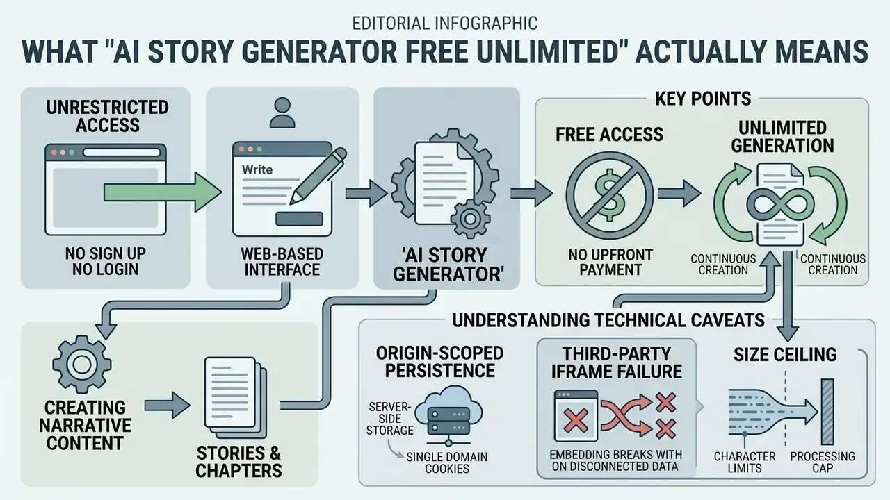Flowchart detailing how an AI story generator free unlimited works alongside its technical limitations