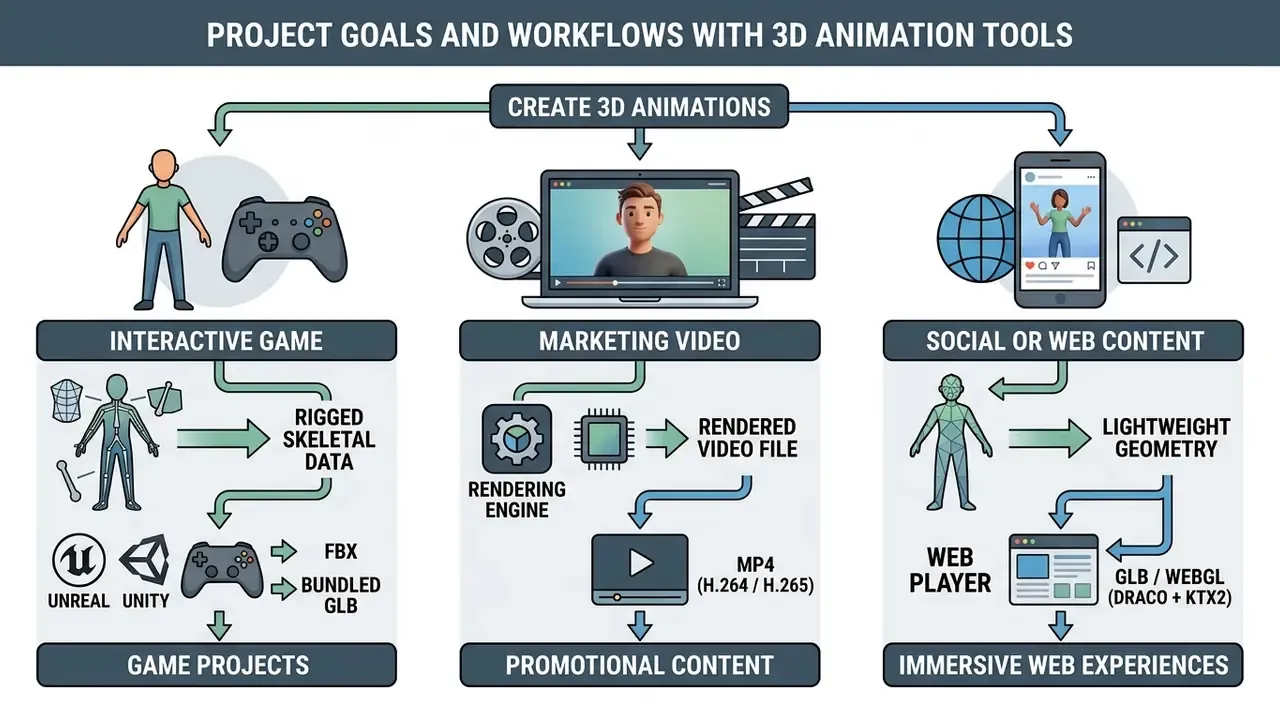 Flowchart mapping 3D animation project goals to specific export formats for games, video, and web