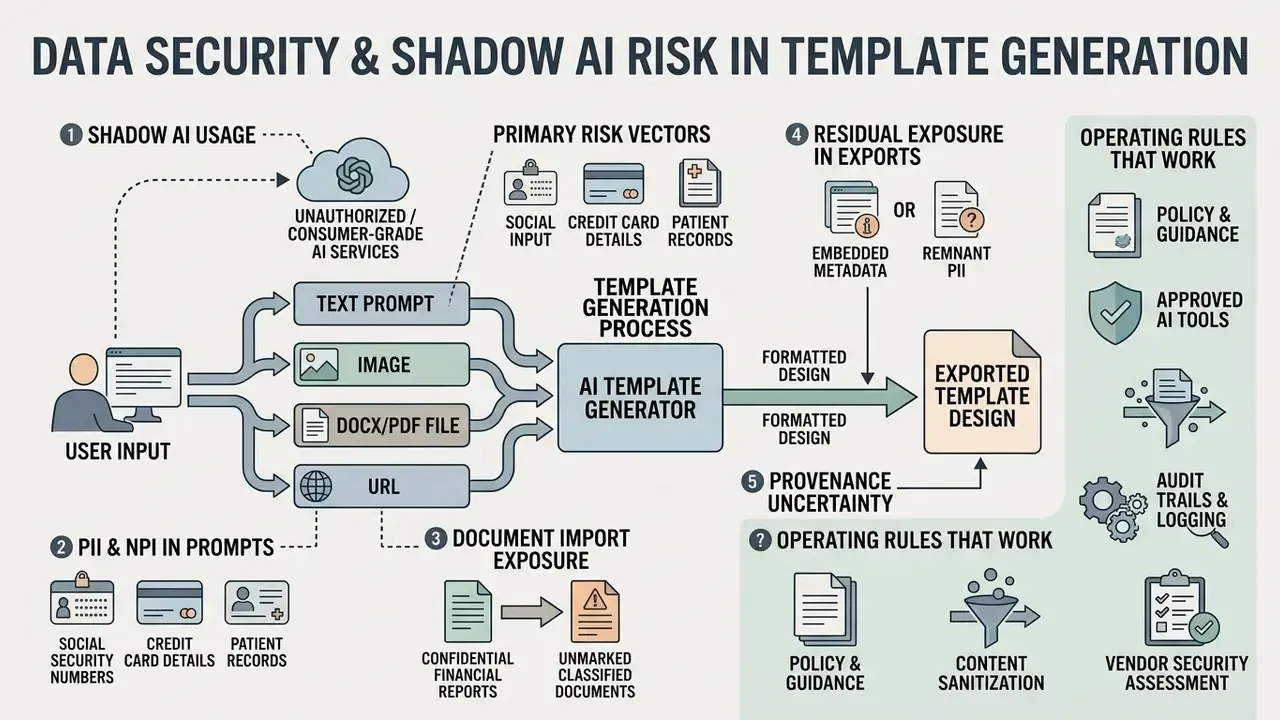 Infographic mapping security risks from user inputs to exported documents and recommended safety practices