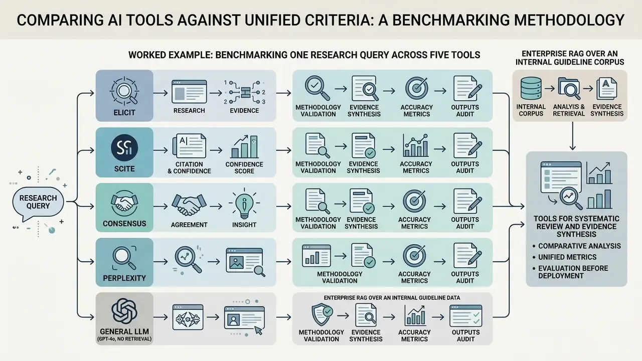Comparative diagram showing how five different AI tools process a single research query for review proof