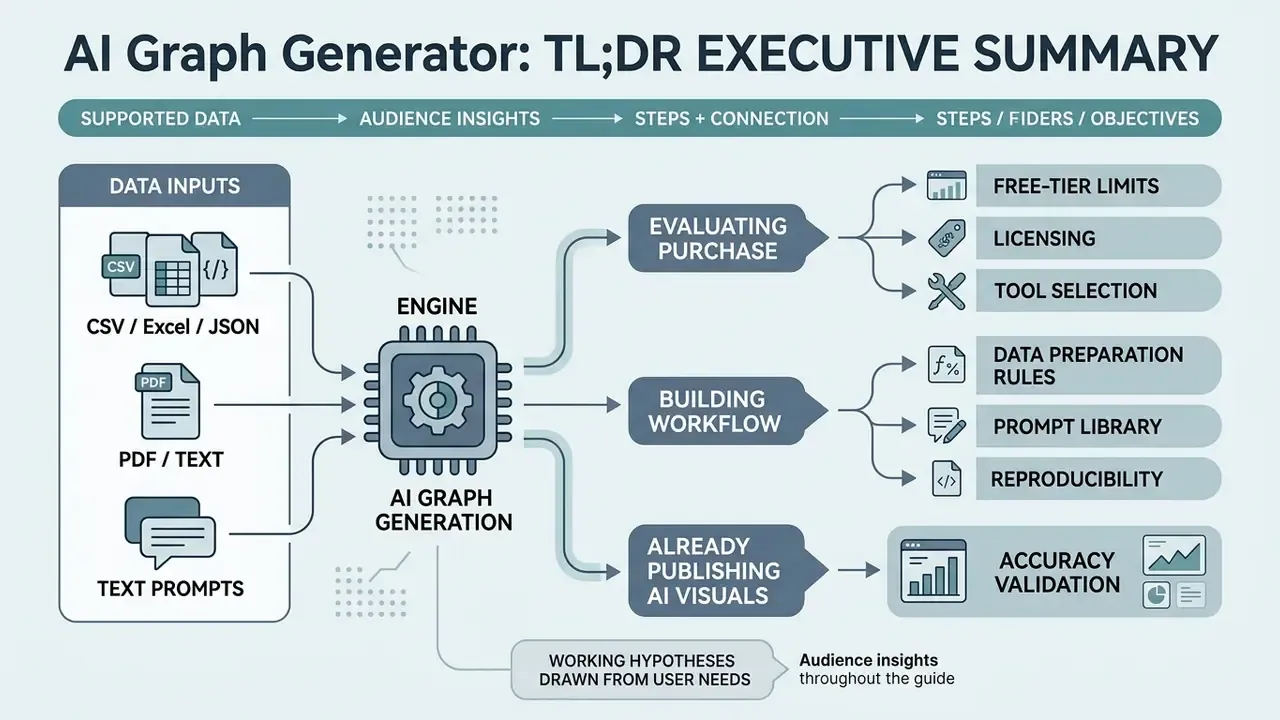 Flowchart showing how data inputs feed an AI graph generator engine to support three user reading paths