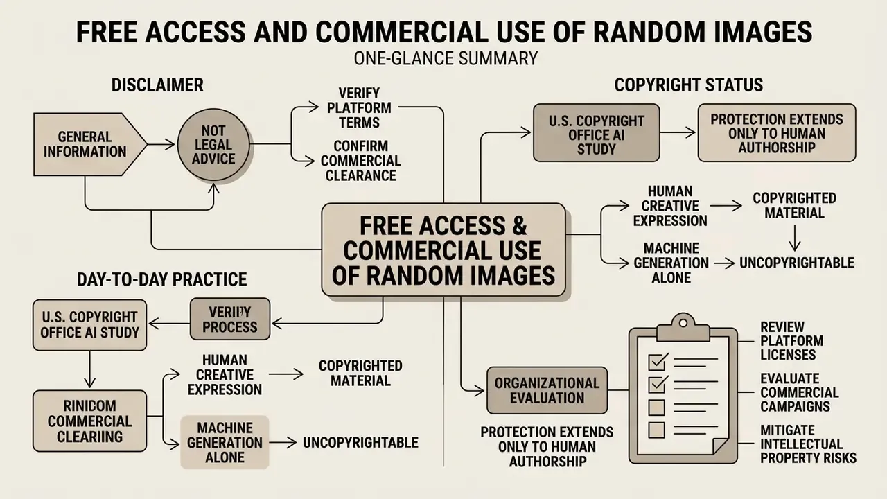 Flowchart outlining legal disclaimers, copyright status, and commercial usage evaluation processes