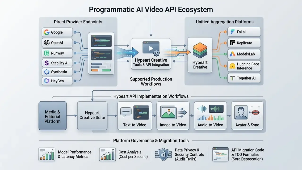 Diagram showing the flow between direct provider endpoints, aggregation platforms, and production workflows