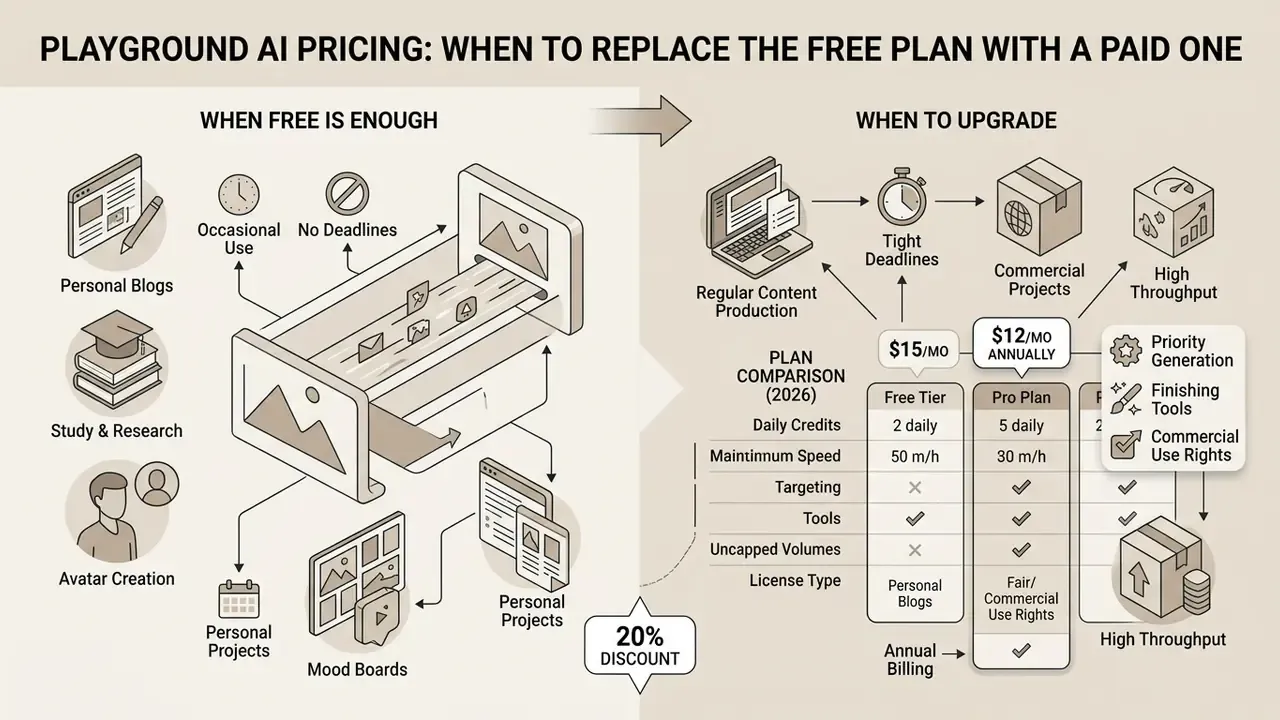 Comparison chart showing use cases for Playground AI free versus paid subscription plans