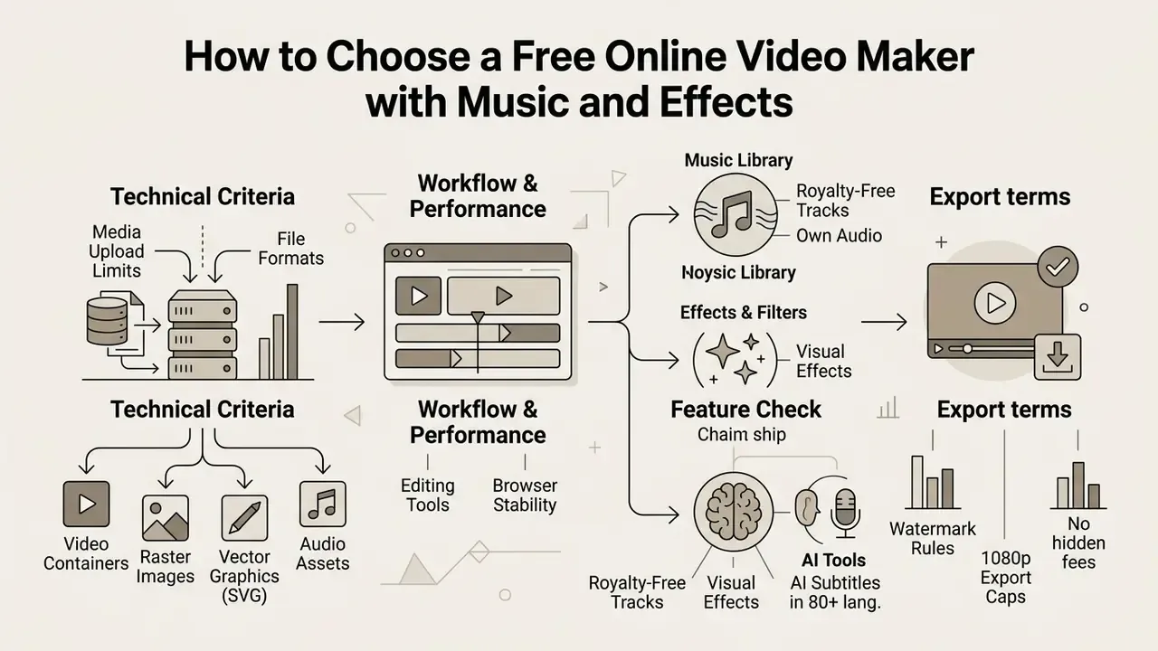 Flowchart outlining technical criteria, editing workflow, music libraries, and export terms for video tools