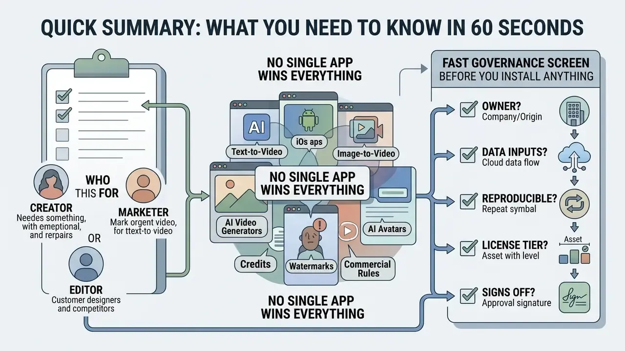 Infographic showing a workflow for selecting an AI video generator app through governance and user roles