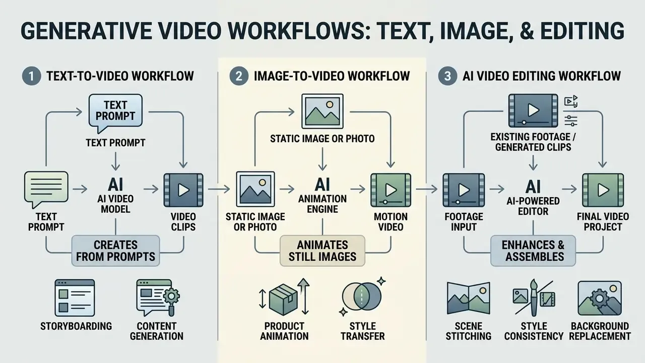 Diagram showing three generative AI workflows for creating videos from text, images, or existing footage