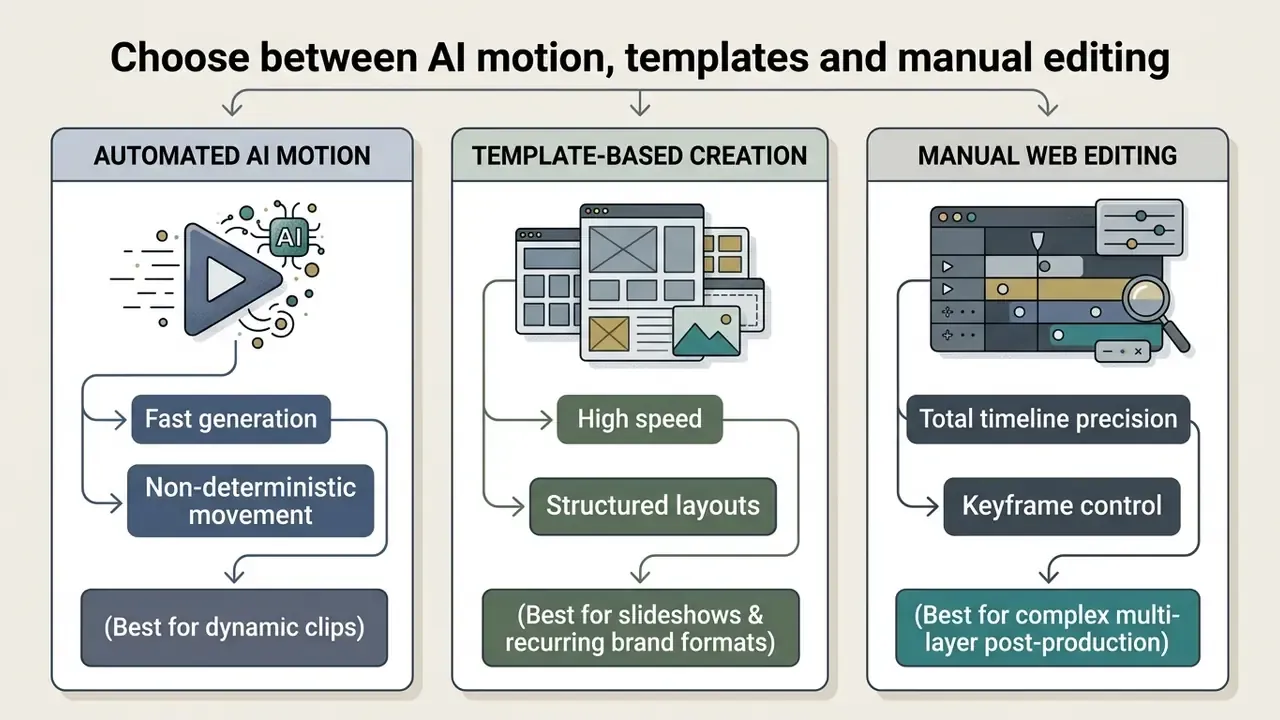 Comparison of AI motion, template-based creation, and manual web editing for video projects