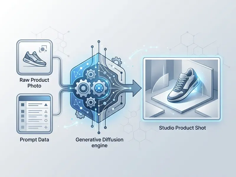 Visual workflow showing raw product photos and prompt data being transformed into a studio product shot