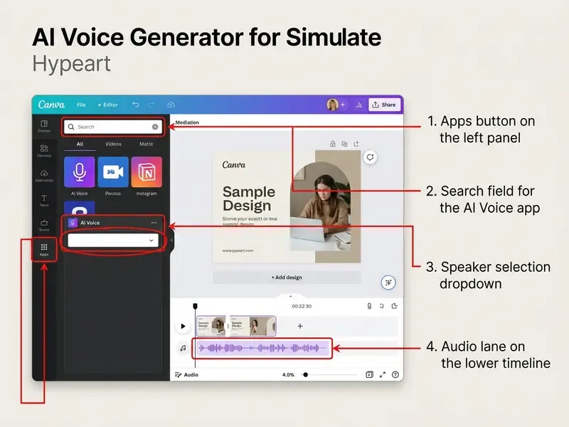 Annotated Canva interface showing the apps button, search field, voice selection, and audio timeline