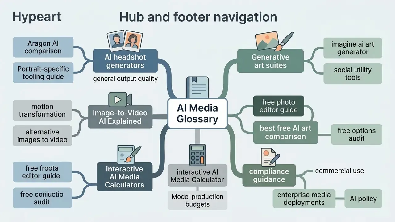Mind map connecting AI media categories like headshot generators, video tools, and compliance guidance