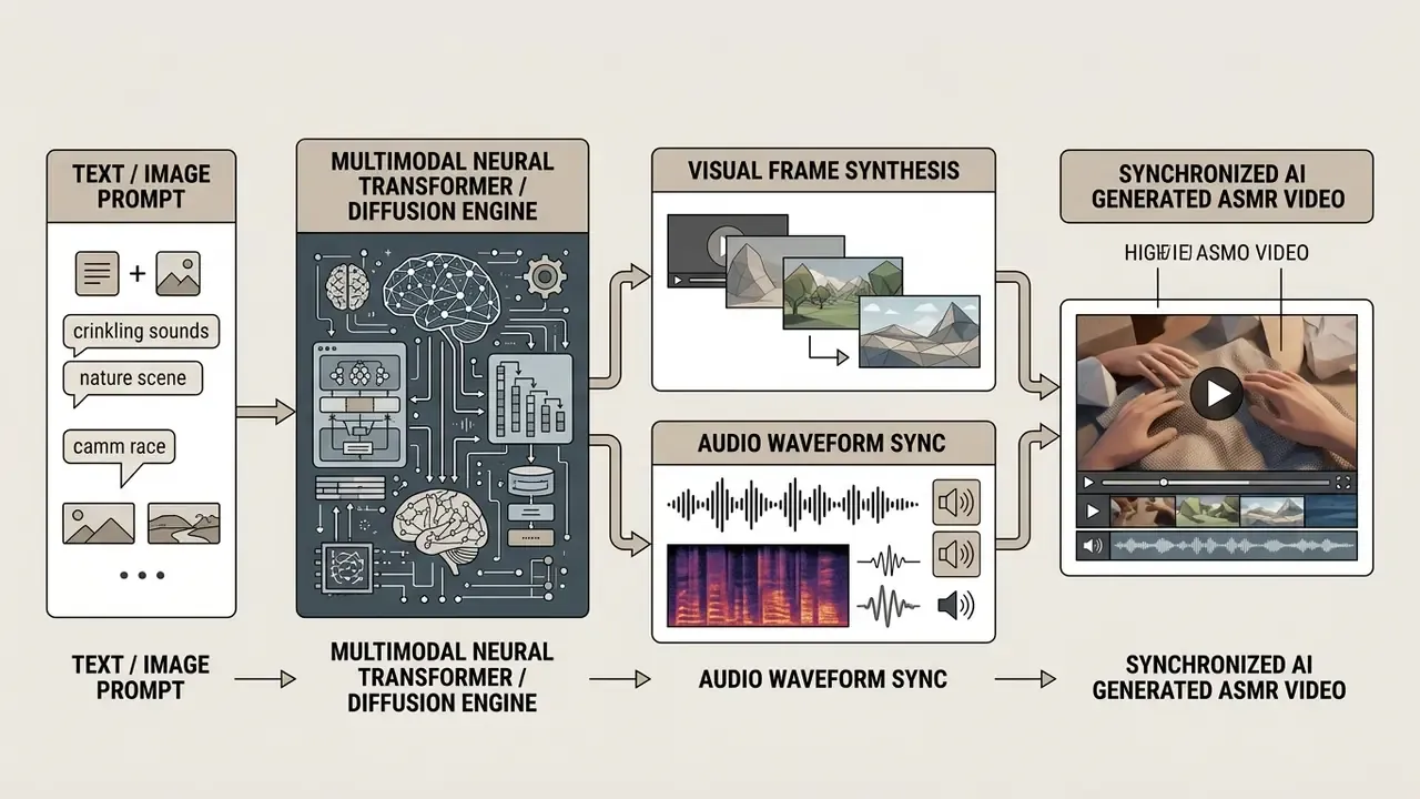 Flowchart illustrating the process of an AI ASMR generator converting prompts into synchronized video