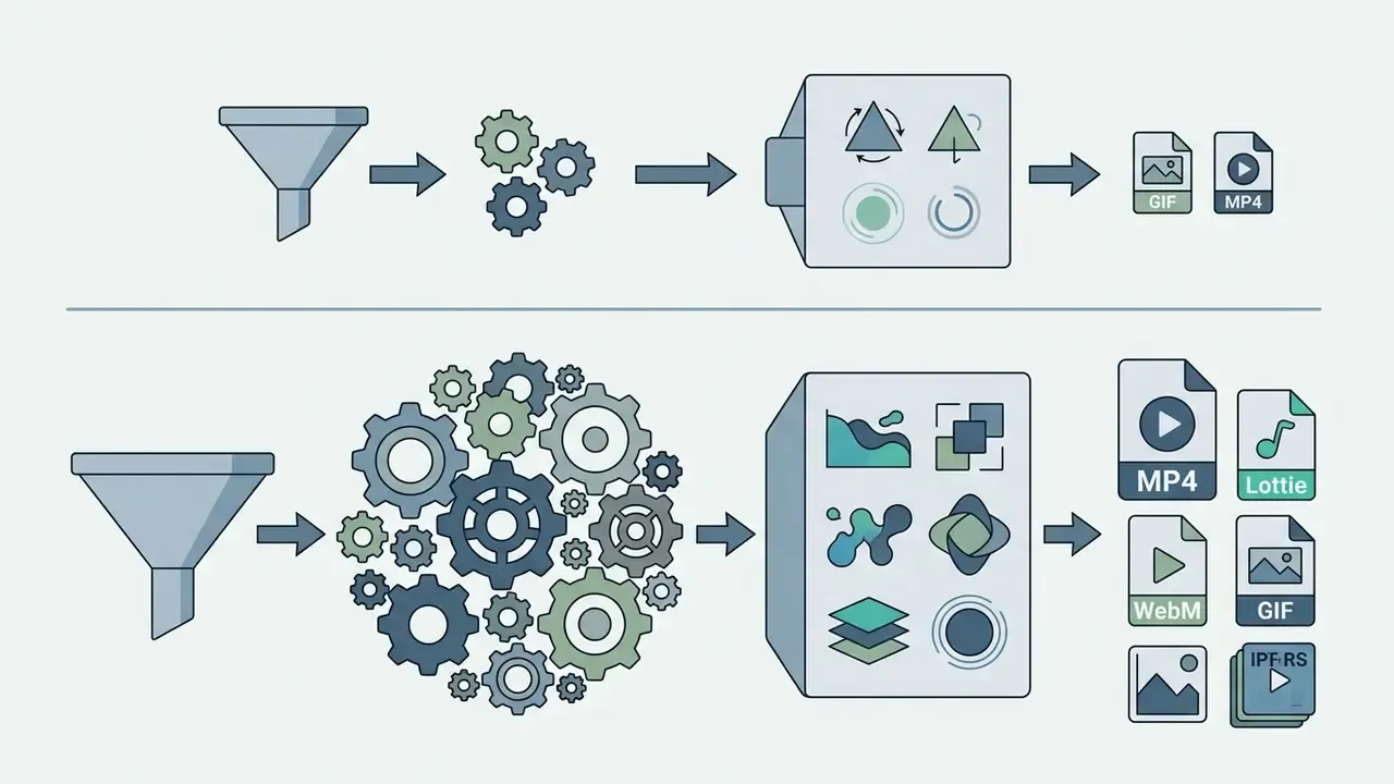 Two workflows showing funnels feeding gears and processing boxes to output various file formats