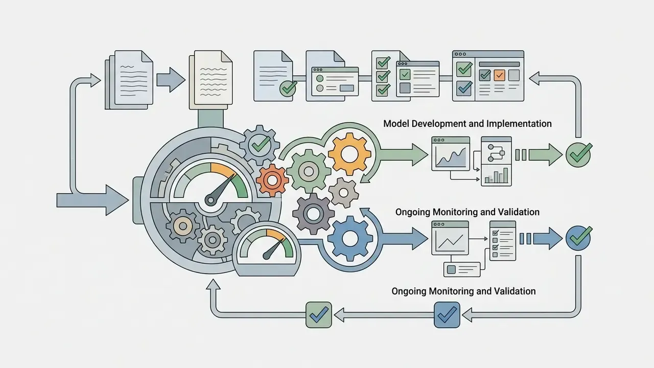 Cycle of documents moving through a gear system for model development, monitoring, and validation