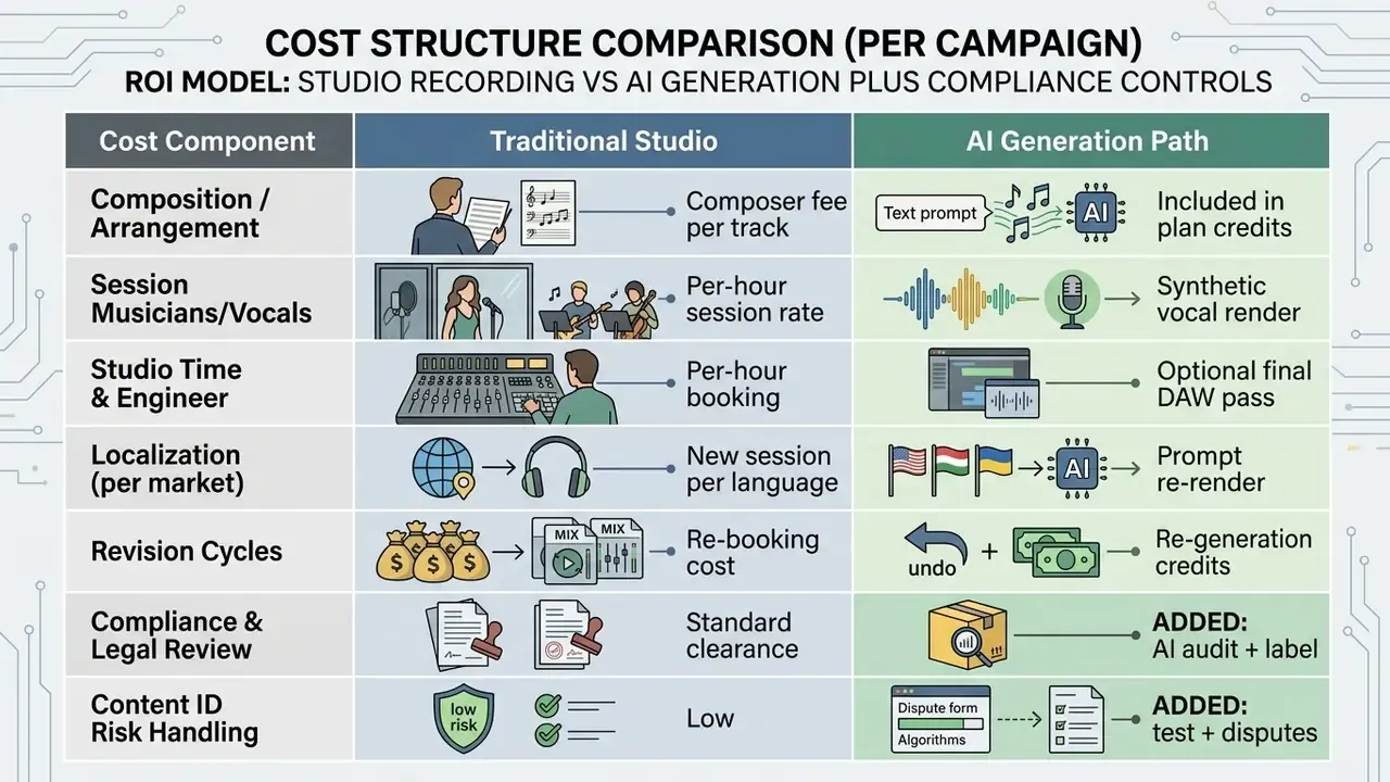 Side by side breakdown of costs for traditional studio recording versus automated production workflows