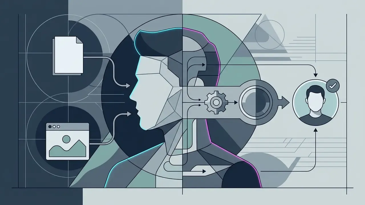 Document and image inputs feeding into a stylized head profile processed by a gear mechanism into an avatar
