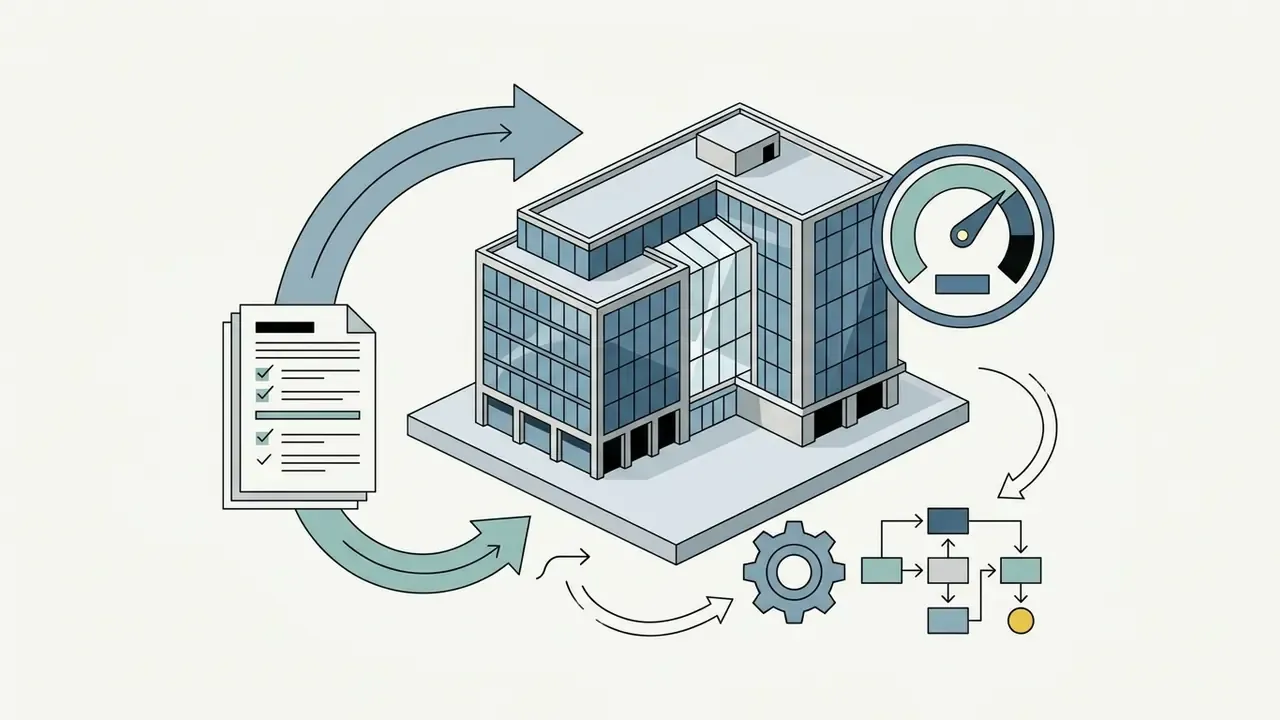 Modern office building linked to a checklist, a speedometer gauge, and a technical workflow diagram