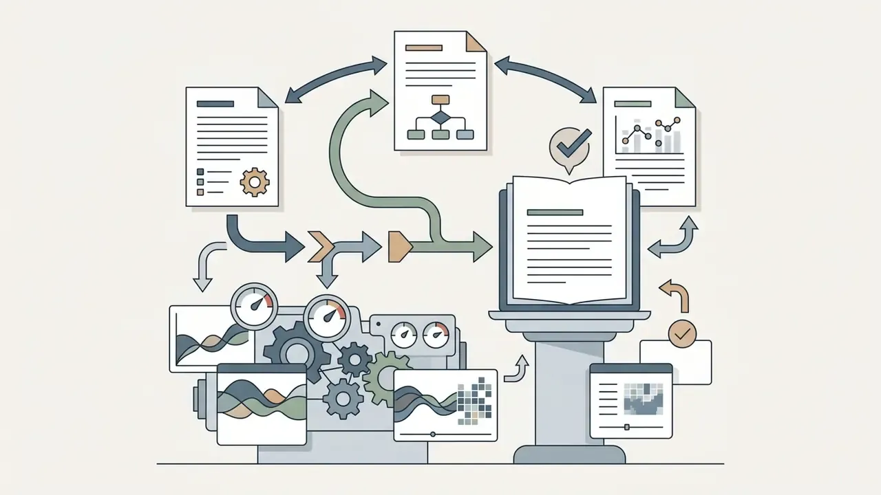 Documents and an open book connect to gear mechanisms and data panels to visualize research workflows