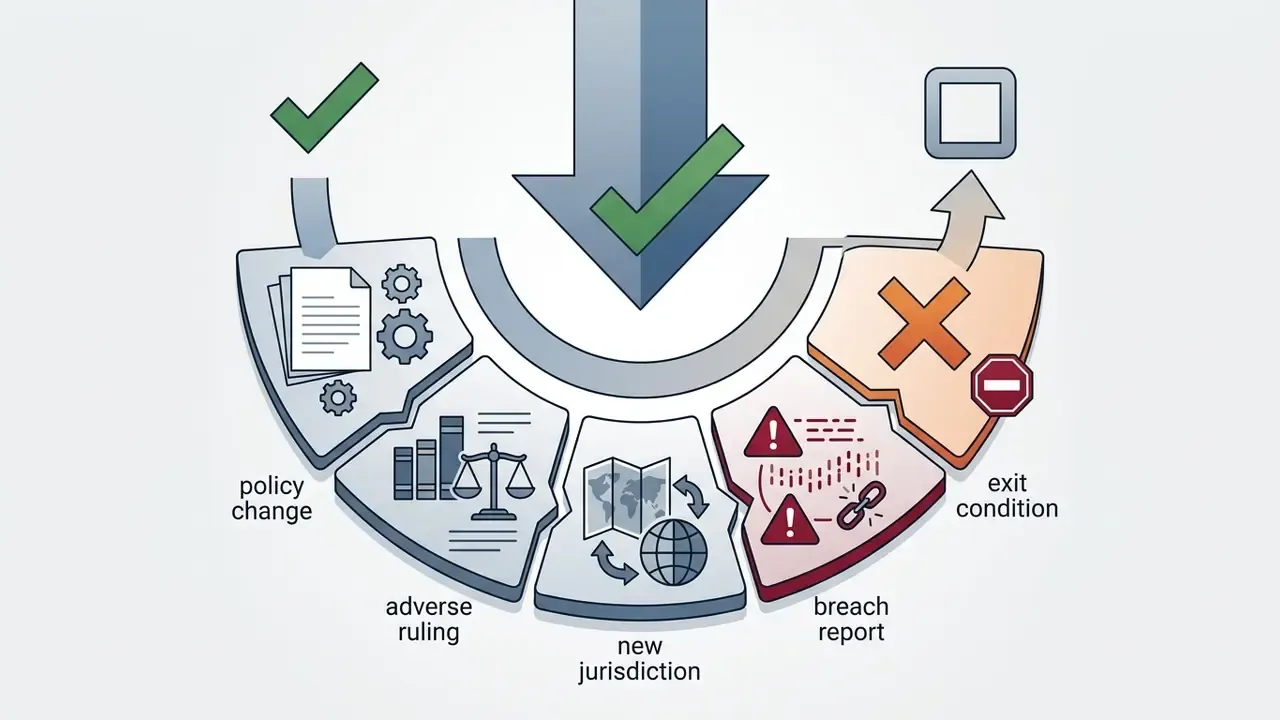 Semicircular diagram showing risk factors like policy changes and breach reports leading to an exit condition