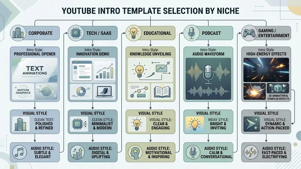 Diagram mapping video opener styles to specific content niches including corporate, tech, and gaming