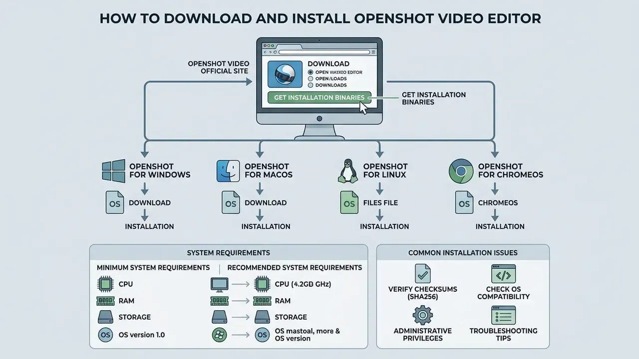 Diagram detailing the download and installation process for OpenShot Video Editor across various platforms