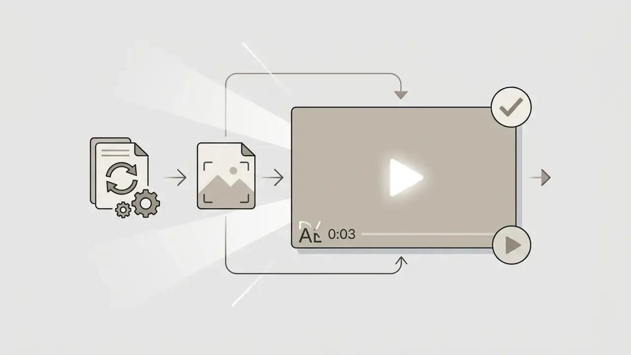 System icons showing file processing leading to a video player with a three second duration timestamp